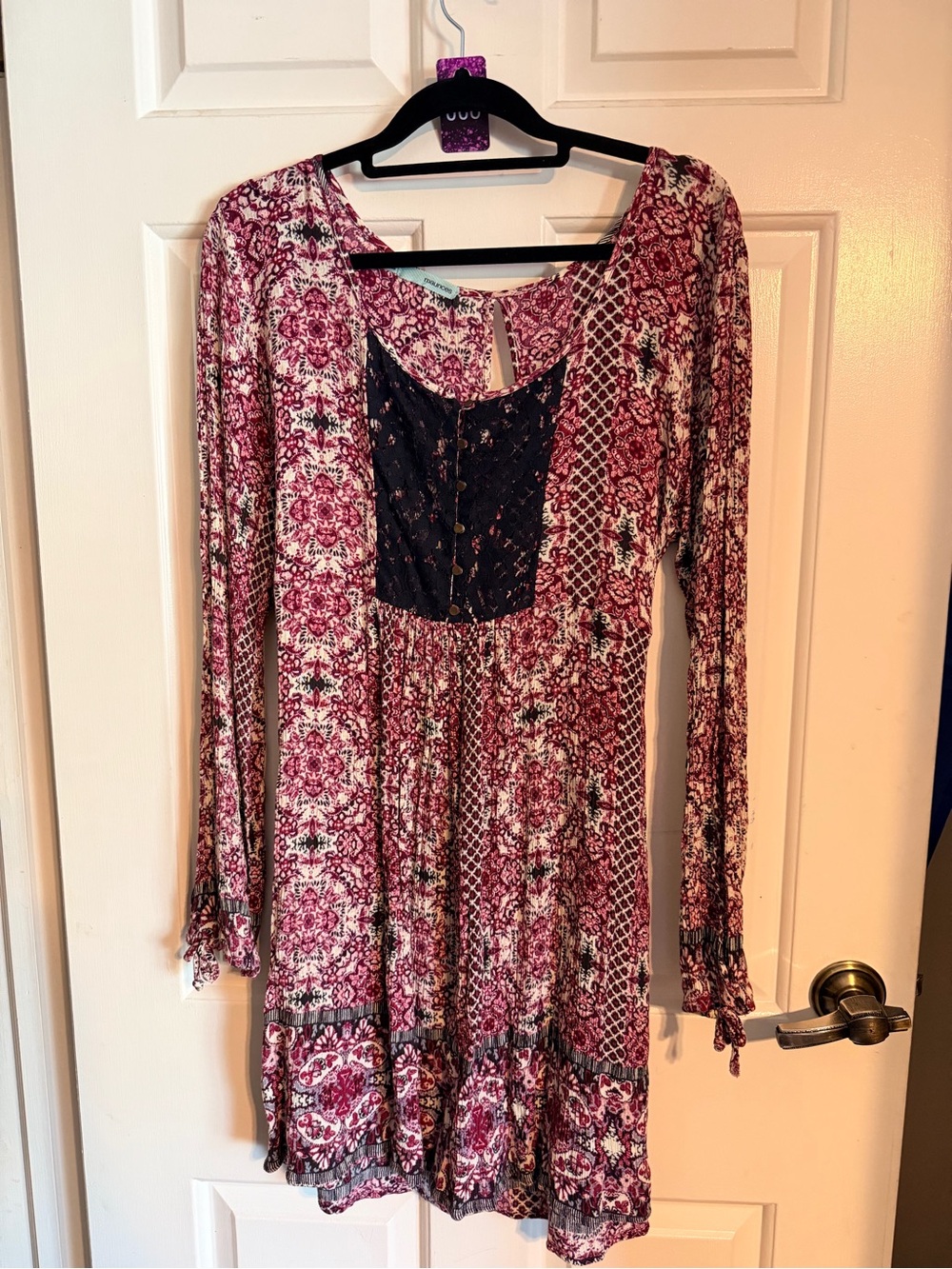 Maurices Burgundy Floral Long-Sleeve Dress with Black Lace Bodice